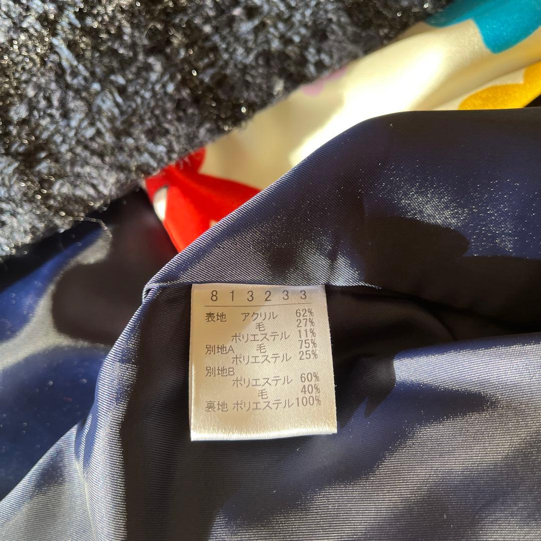 ツイードコート　黒×紺　放牧 立体フェルト豚さん　編み花　ビーズ 裏地まで可愛い