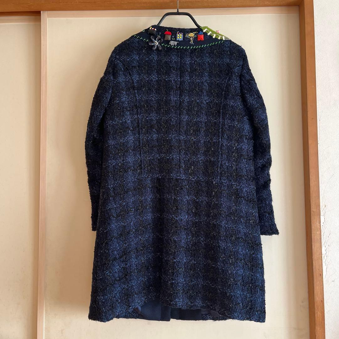 ツイードコート　黒×紺　放牧 立体フェルト豚さん　編み花　ビーズ 裏地まで可愛い
