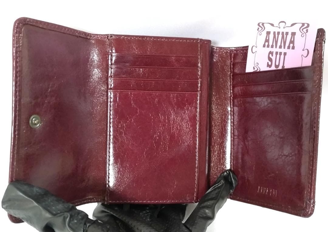 美品 未使用品 アナスイ がま口 折り財布 ボルドー バタフライ 花柄裏地 箱付