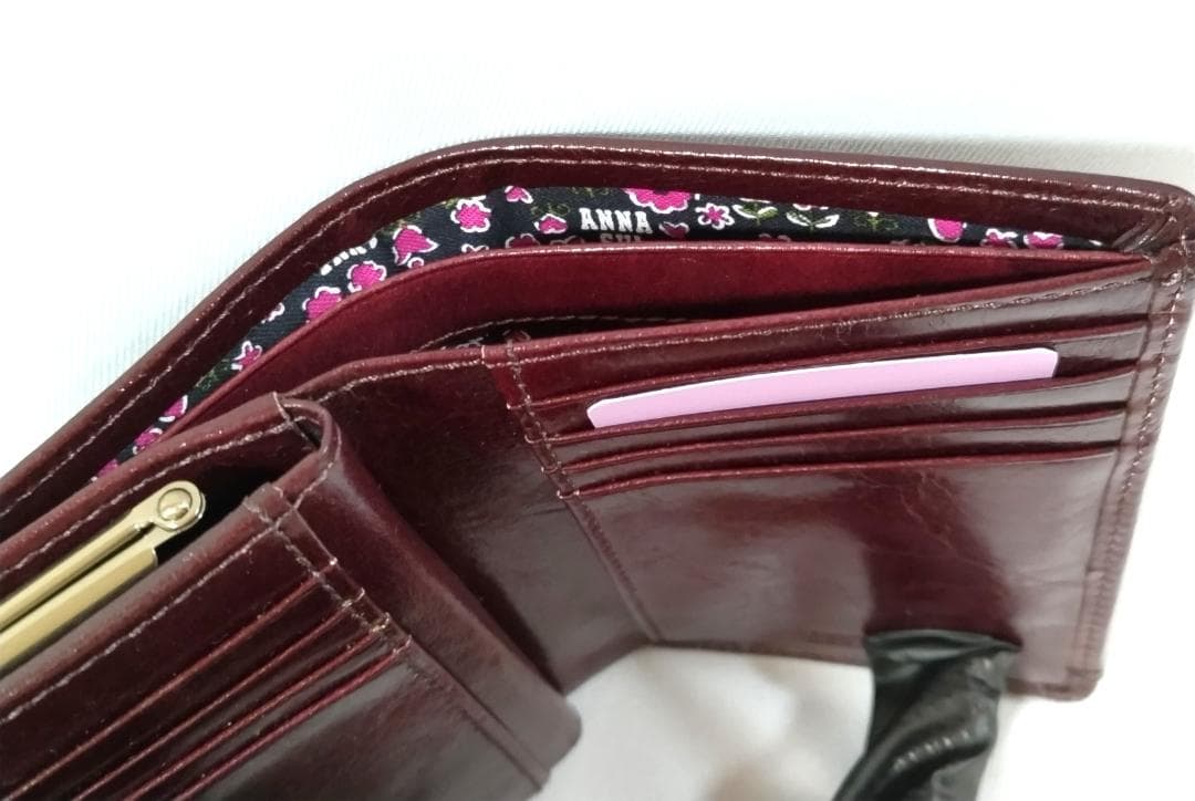 美品 未使用品 アナスイ がま口 折り財布 ボルドー バタフライ 花柄裏地 箱付
