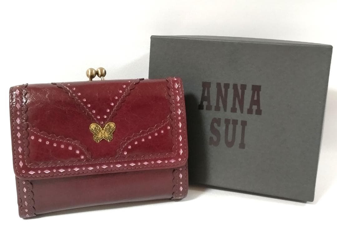 美品 未使用品 アナスイ がま口 折り財布 ボルドー バタフライ 花柄裏地 箱付