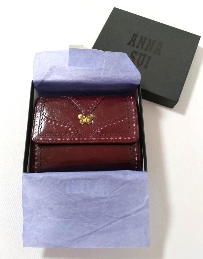 美品 未使用品 アナスイ がま口 折り財布 ボルドー バタフライ 花柄裏地 箱付