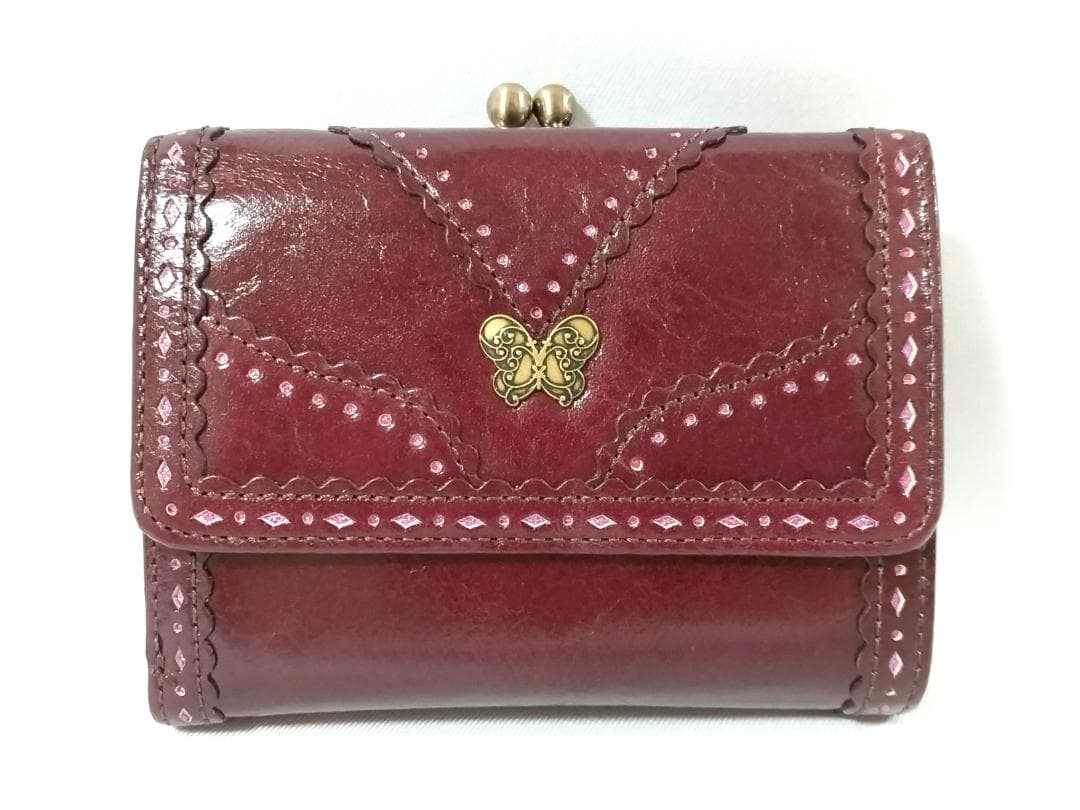 美品 未使用品 アナスイ がま口 折り財布 ボルドー バタフライ 花柄裏地 箱付