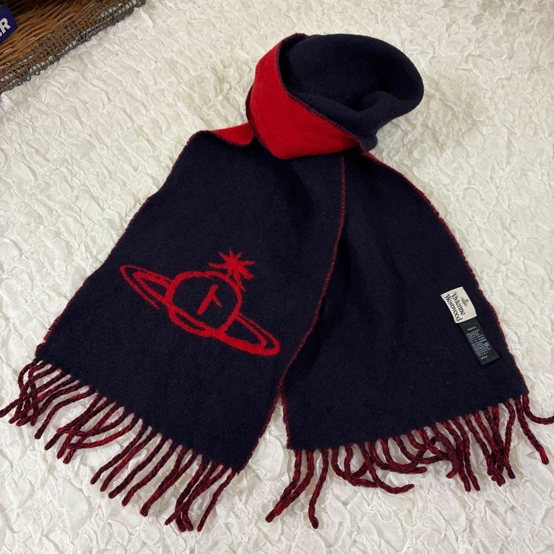ヴィヴィアンウエストウッド　ビッグオーブ　リバーシブルマフラー　ウール　赤 紺