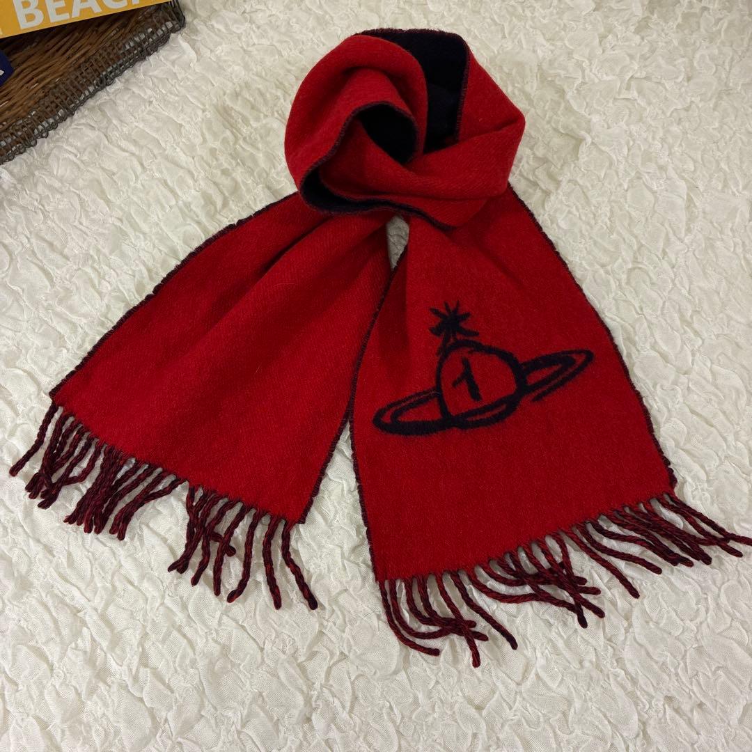 ヴィヴィアンウエストウッド　ビッグオーブ　リバーシブルマフラー　ウール　赤 紺