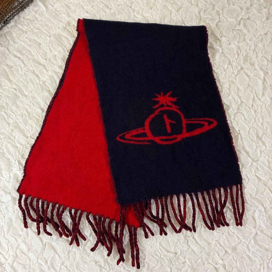 ヴィヴィアンウエストウッド　ビッグオーブ　リバーシブルマフラー　ウール　赤 紺