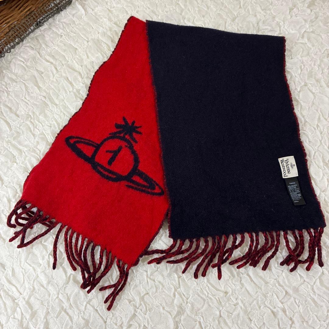 ヴィヴィアンウエストウッド　ビッグオーブ　リバーシブルマフラー　ウール　赤 紺