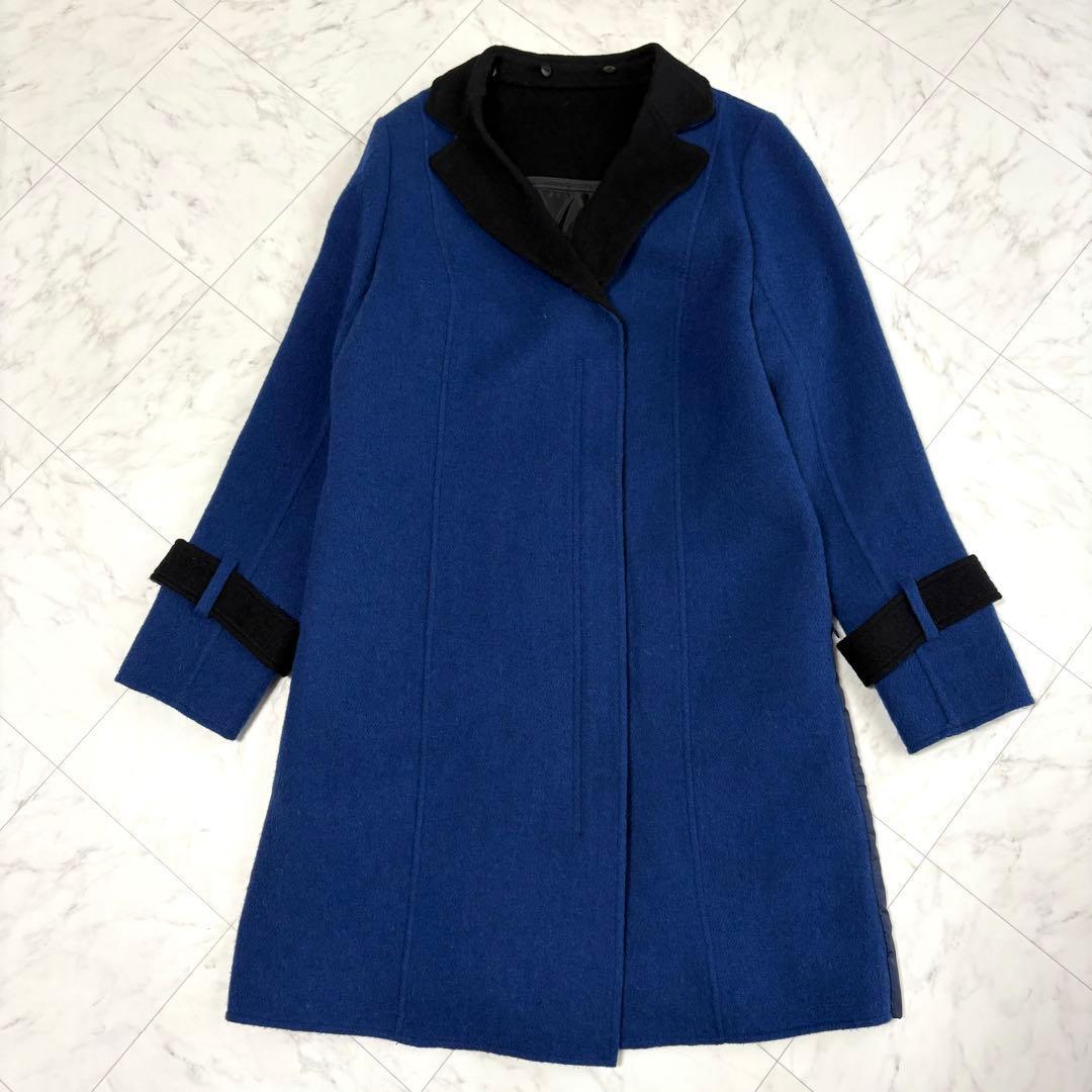 【Tu】ロングコート　ウール　ダウン　異素材切替　ドロスト　フード　新品　青　黒