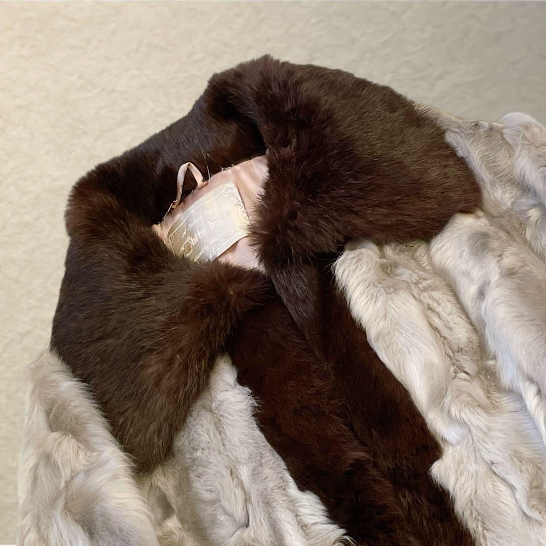 巻き毛ラム×ラビット ケープコート グレー×ブラウン リアルファー 裏地難あり