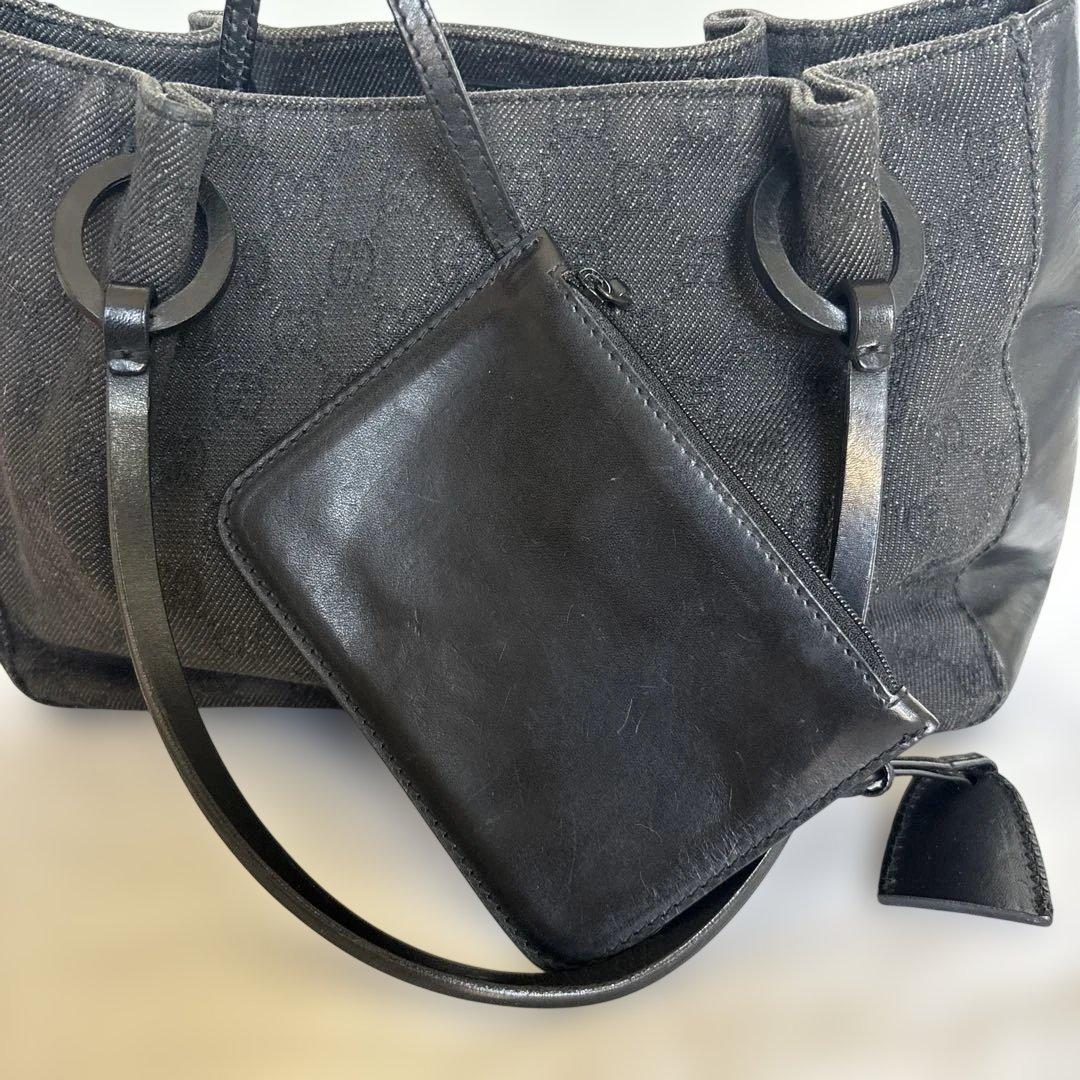 GUCCIグッチ トートバッグ GG柄 キャンバス レザー ポーチ付き 黒