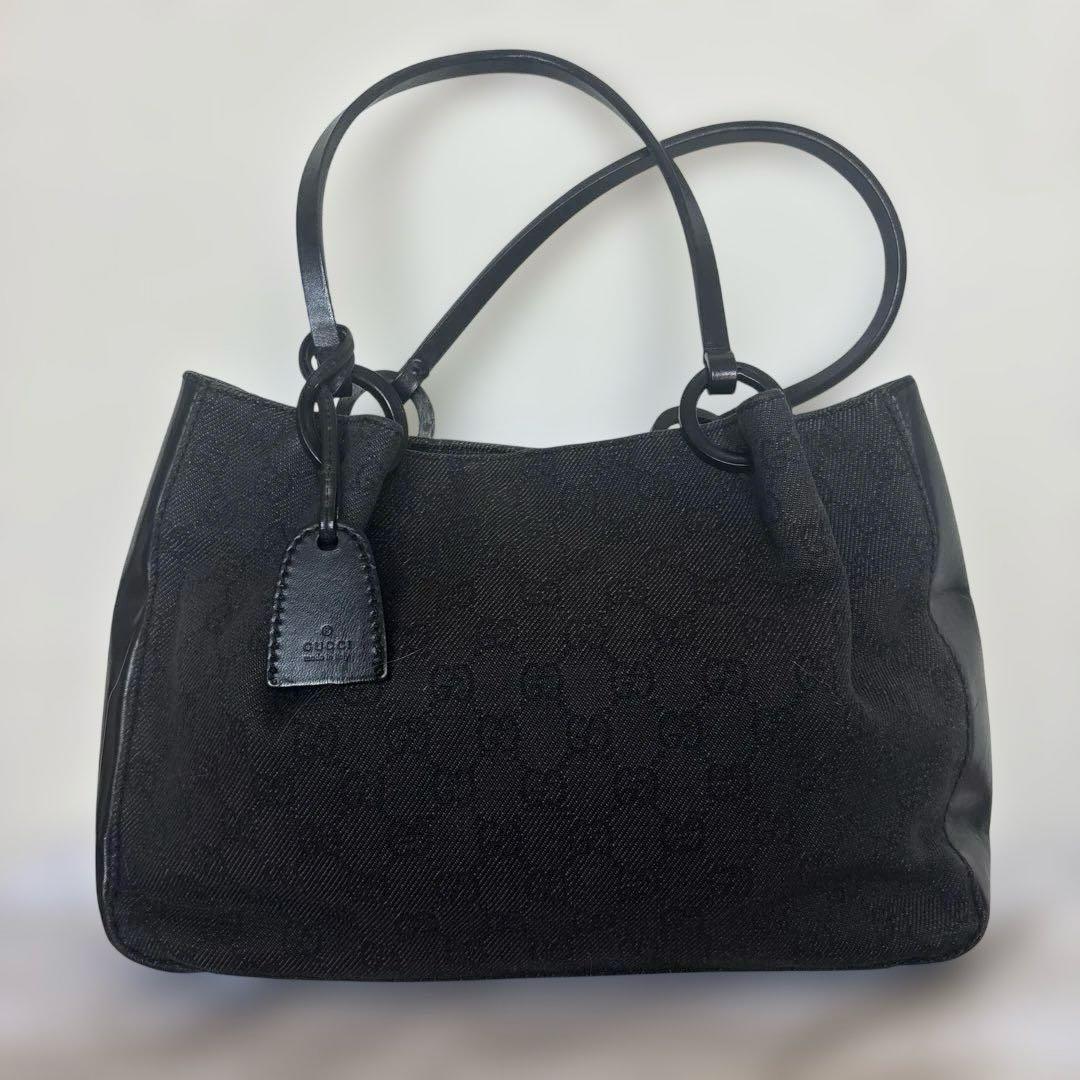 GUCCIグッチ トートバッグ GG柄 キャンバス レザー ポーチ付き 黒