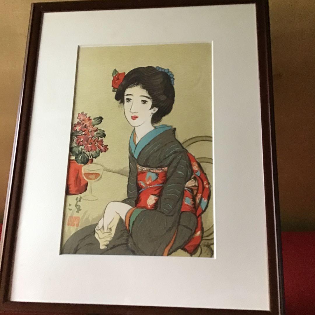 竹久夢二　「椿の髪飾り」　リトグラフ美人版画限定250部158/250