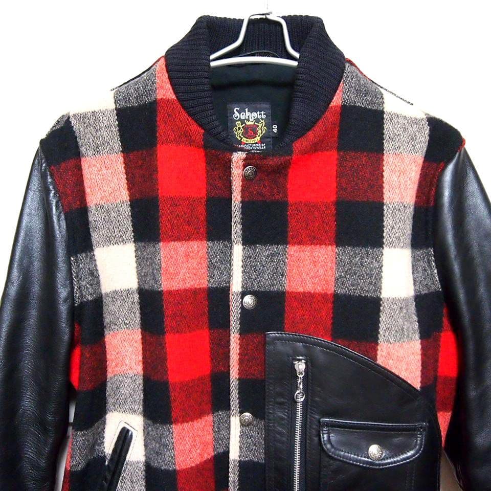 00s美品★SCHOTT　ショット　牛革 レザー×メルトン　スタジャン　ブラック