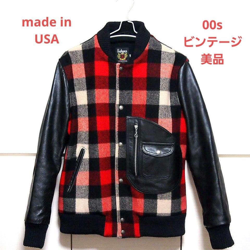 00s美品★SCHOTT　ショット　牛革 レザー×メルトン　スタジャン　ブラック