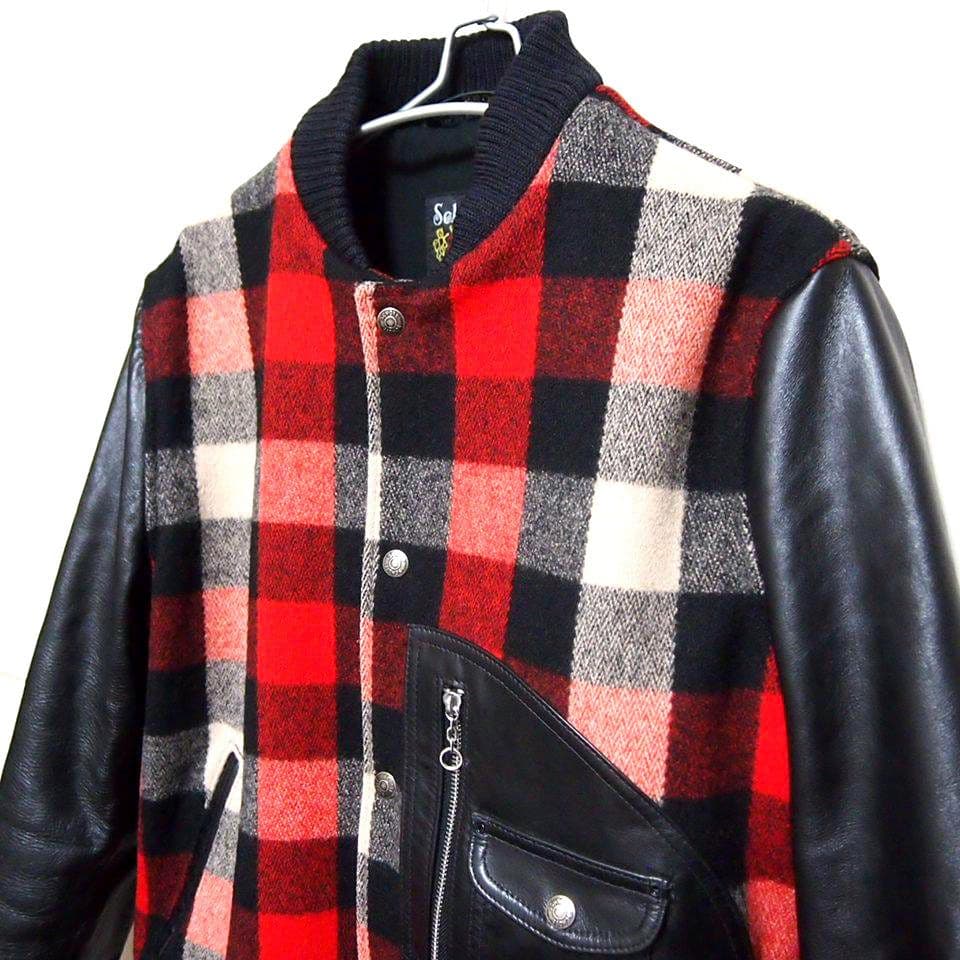 00s美品★SCHOTT　ショット　牛革 レザー×メルトン　スタジャン　ブラック