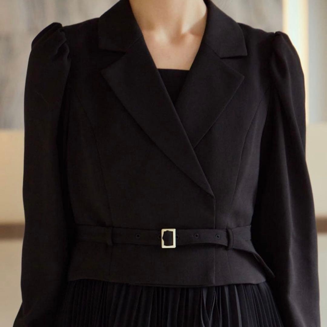 アンドクチュール ジャケットレイヤードプリーツワンピース ブラック