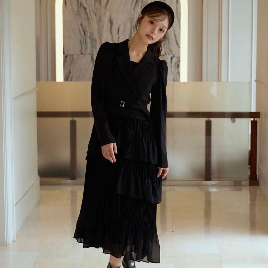 アンドクチュール ジャケットレイヤードプリーツワンピース ブラック