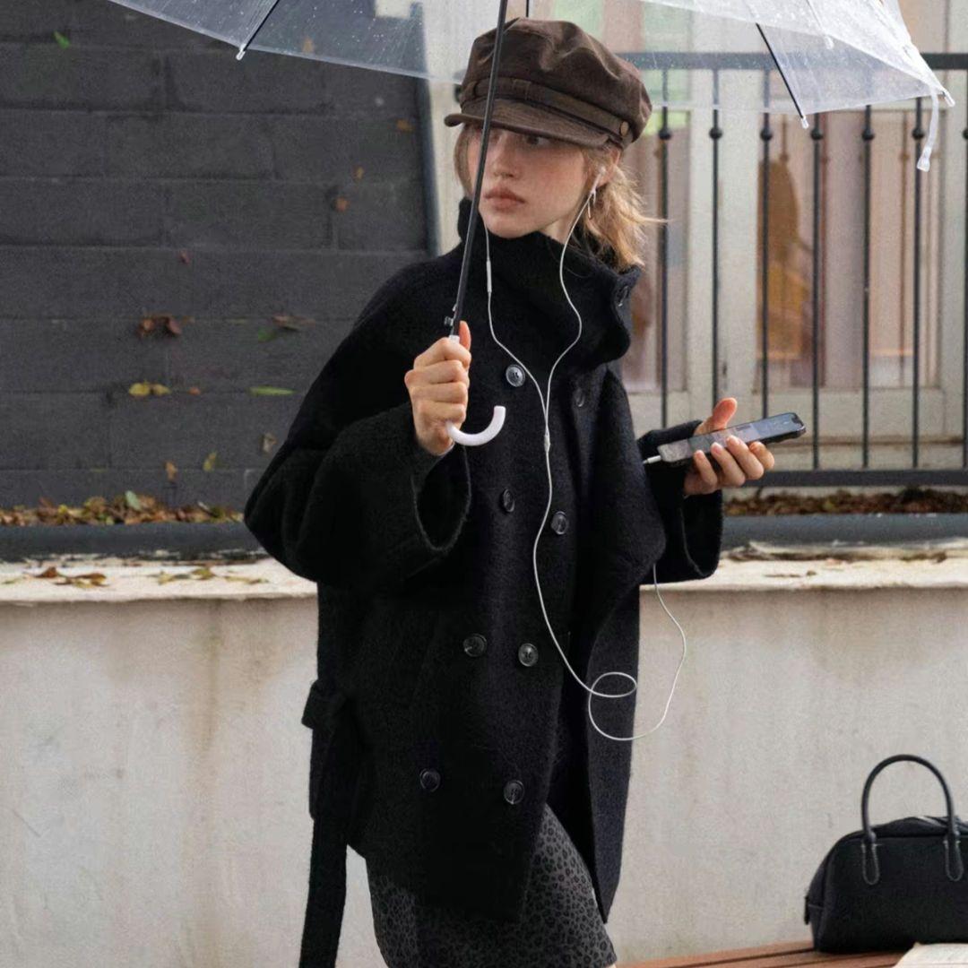 EGGKA レディース カジュアル ウールブレンド ショートコート ブラック