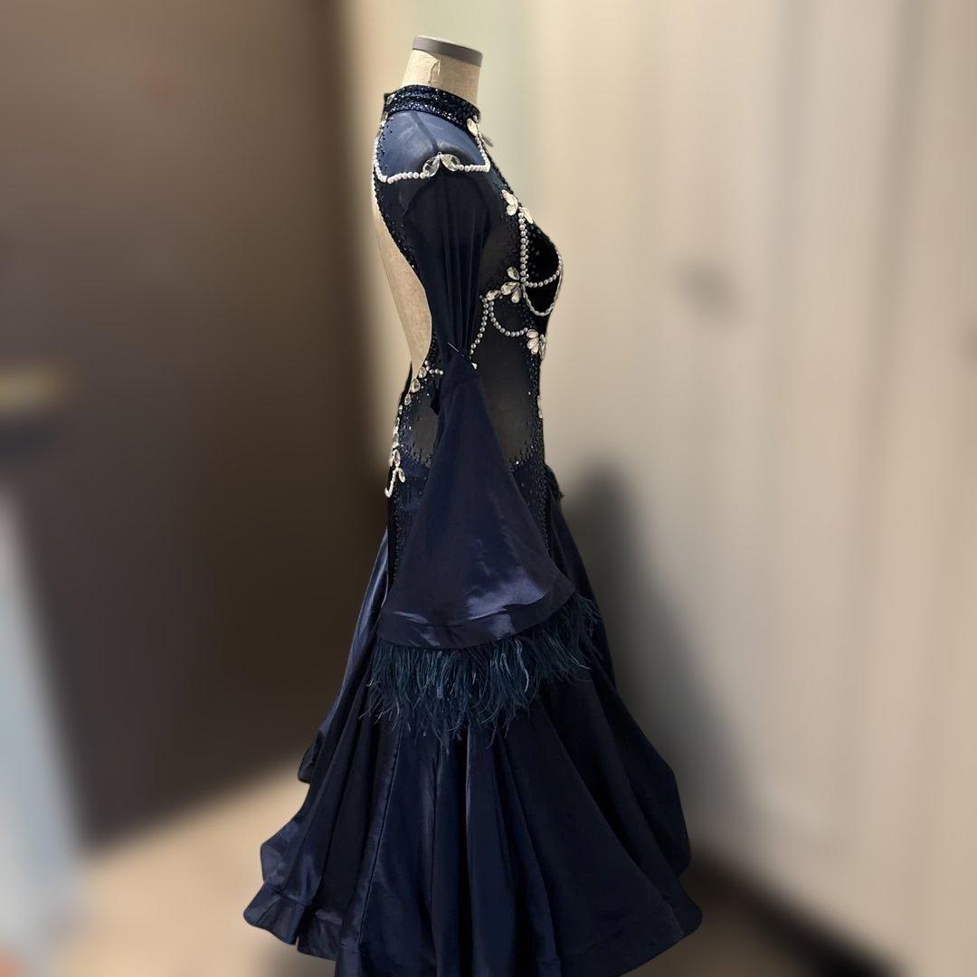 社交ダンスドレス ネイビーブルー ビジュー付き