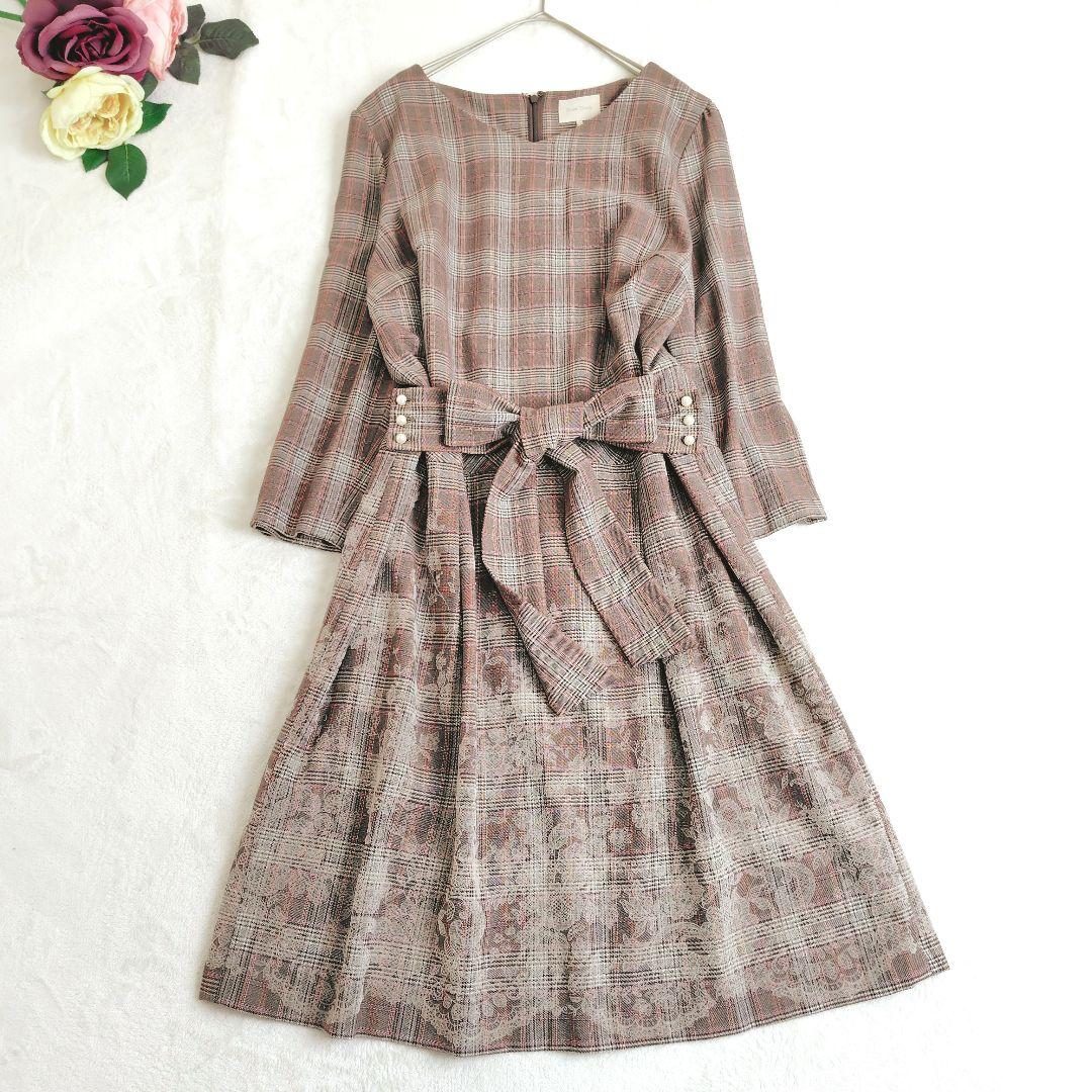 極美品✨ローズティアラ チェック柄 ワンピース パール 刺繍 大きいサイズ