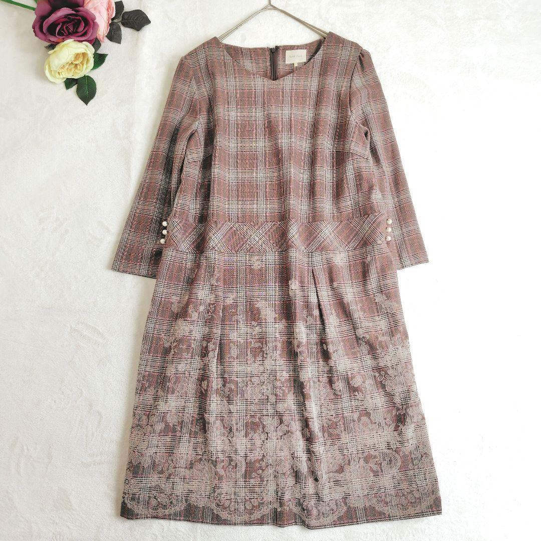 極美品✨ローズティアラ チェック柄 ワンピース パール 刺繍 大きいサイズ