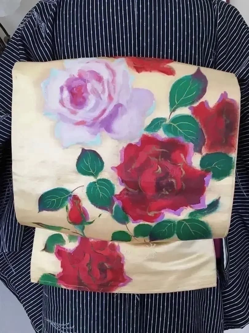 Antique Kimono 薔薇手描き 絵画的 圧倒的迫力 繻子正絹名古屋帯