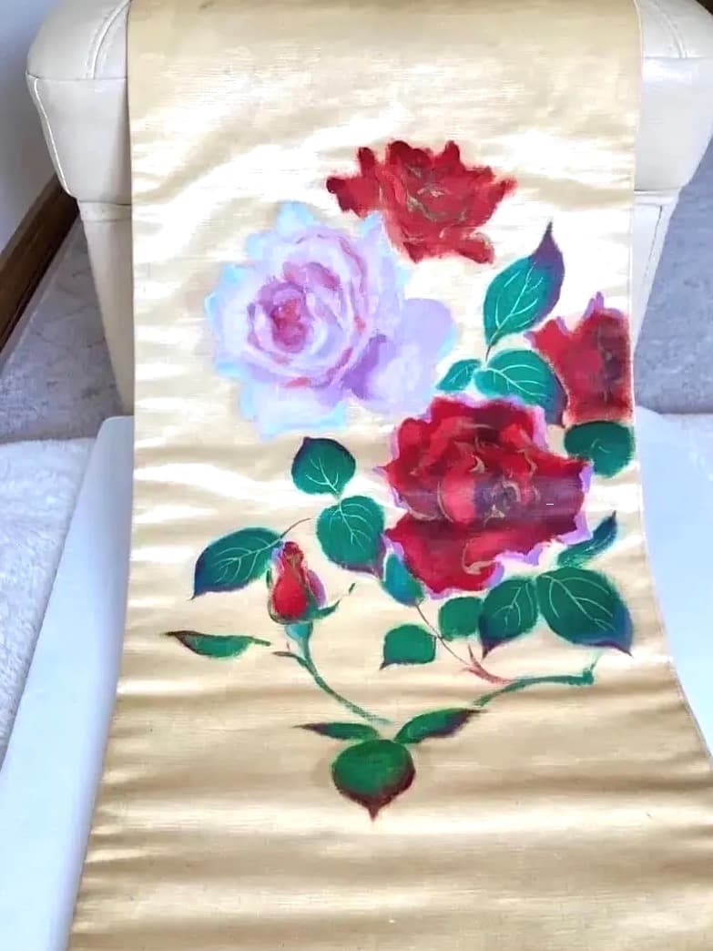 Antique Kimono 薔薇手描き 絵画的 圧倒的迫力 繻子正絹名古屋帯