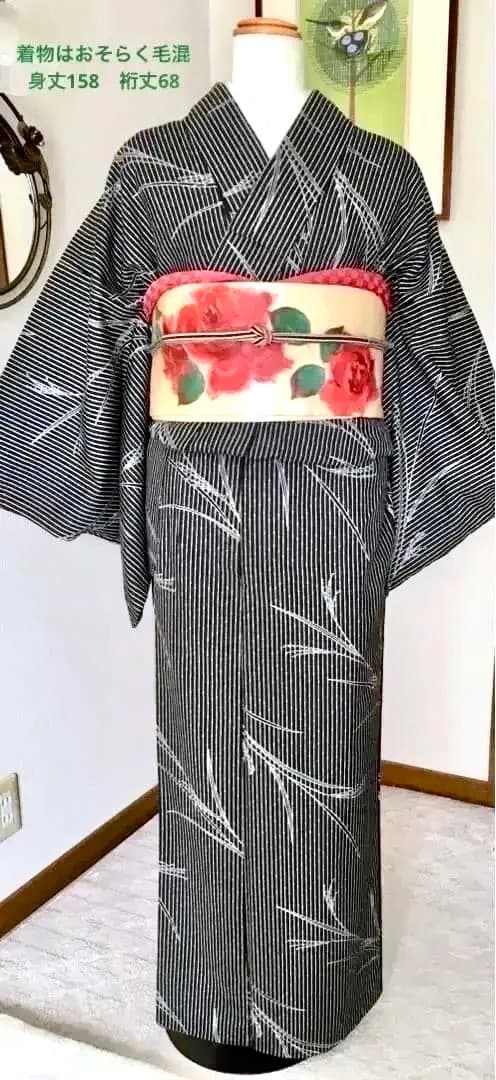 Antique Kimono 薔薇手描き 絵画的 圧倒的迫力 繻子正絹名古屋帯
