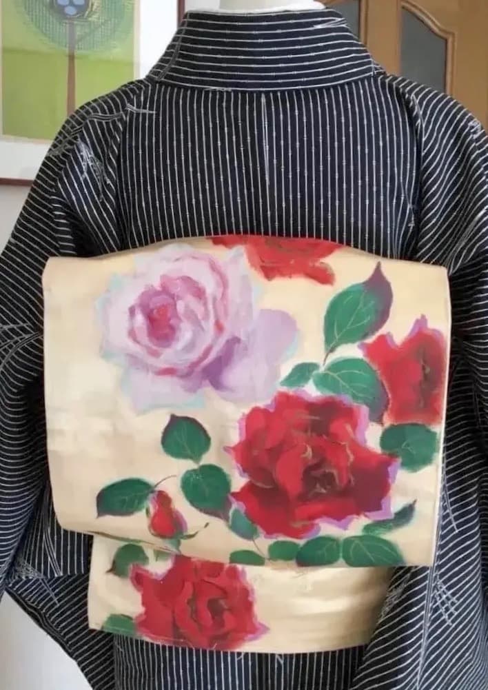 Antique Kimono 薔薇手描き 絵画的 圧倒的迫力 繻子正絹名古屋帯