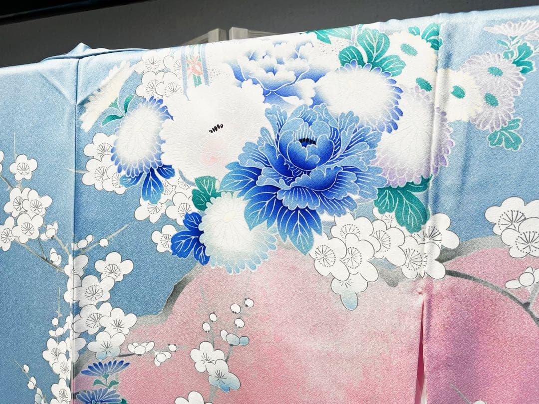 新品振袖 正絹 水色 ピンク 牡丹 桜 豪華 成人式 卒業式 結婚式 手縫