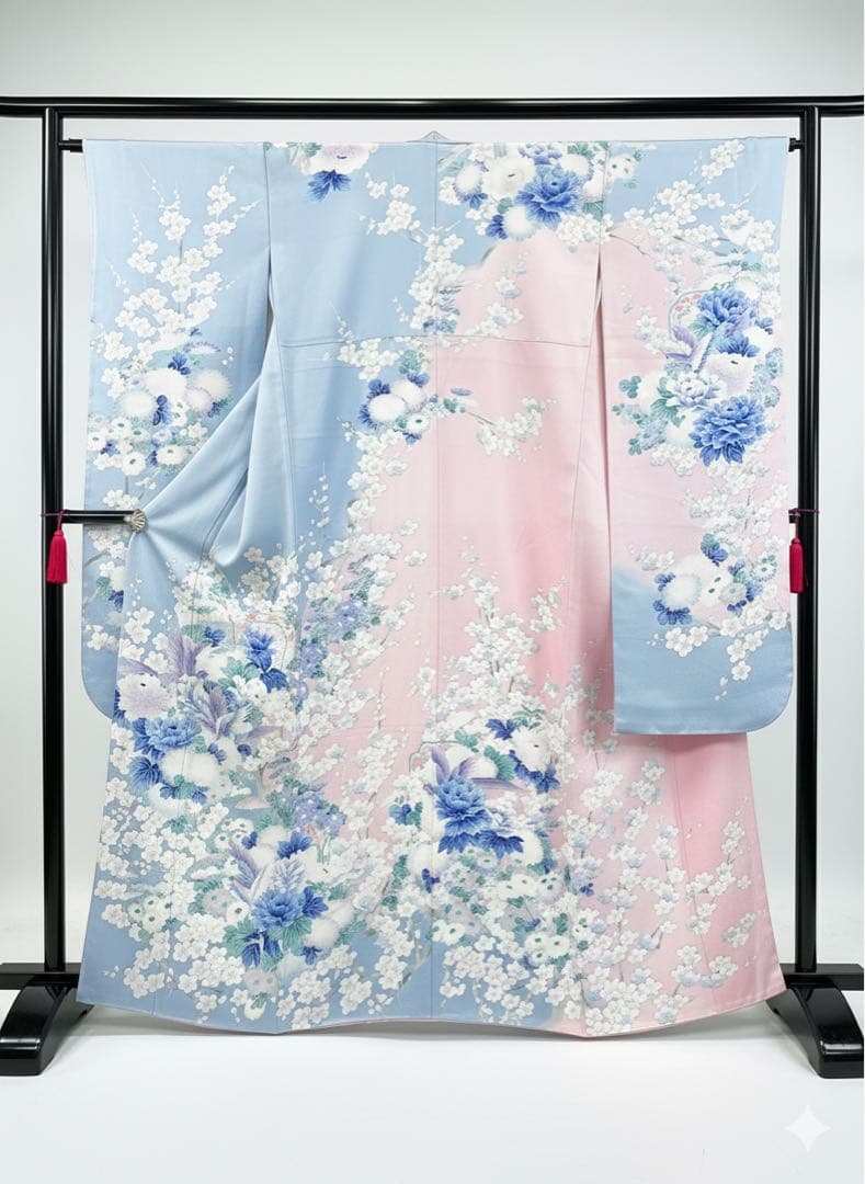 新品振袖 正絹 水色 ピンク 牡丹 桜 豪華 成人式 卒業式 結婚式 手縫