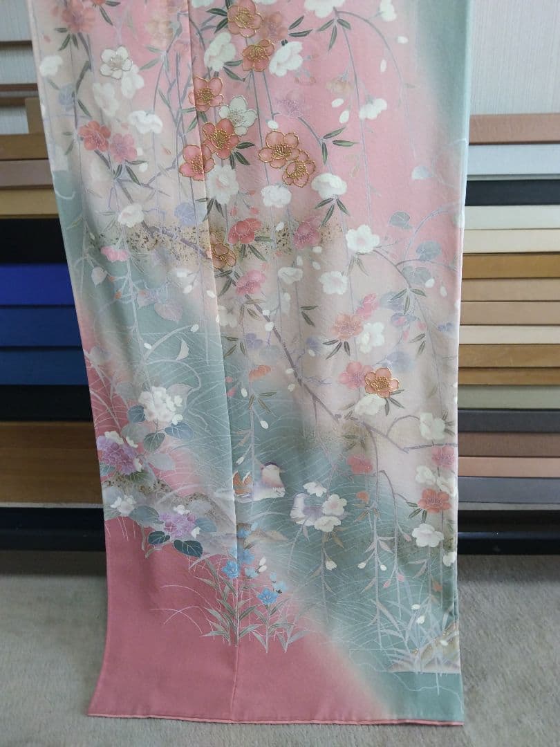 F‐307 訪問着 京友禅 袷 染め分け 桜 鴛鴦 金彩 銀彩 落款 美品