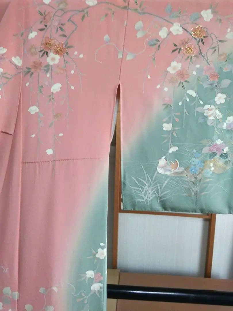 F‐307 訪問着 京友禅 袷 染め分け 桜 鴛鴦 金彩 銀彩 落款 美品