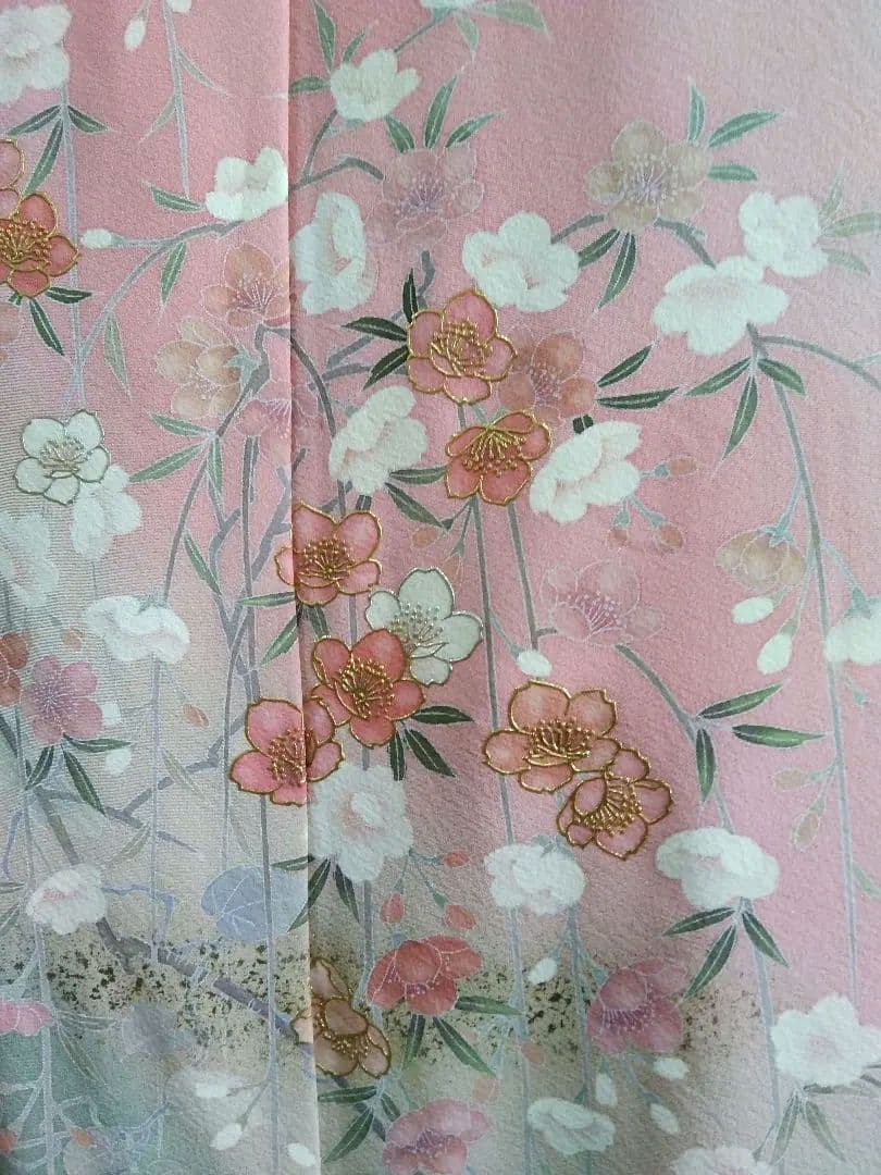 F‐307 訪問着 京友禅 袷 染め分け 桜 鴛鴦 金彩 銀彩 落款 美品