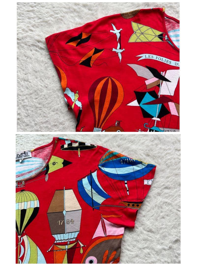 【美品】エルメス Tシャツ 気球 飛行船 大空の狂気 レッド M ヴィンテージ