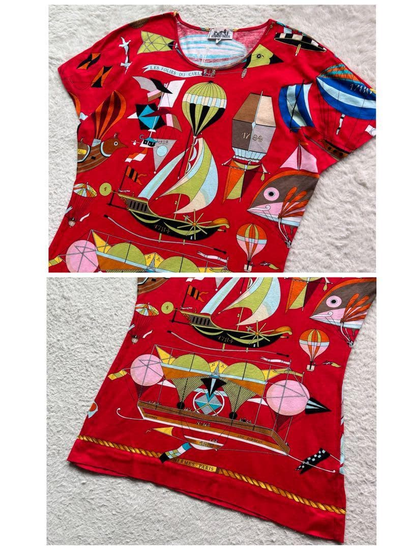 【美品】エルメス Tシャツ 気球 飛行船 大空の狂気 レッド M ヴィンテージ