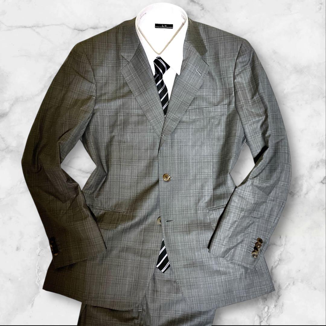 極美品☆HANABISHI☆ゼニア☆スーツセットアップ☆チェック柄☆グレー☆L