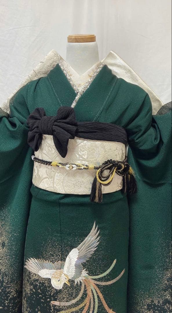 深緑色 振袖 鳥の刺繍 振袖6点セット　成人式　 振袖フルセット