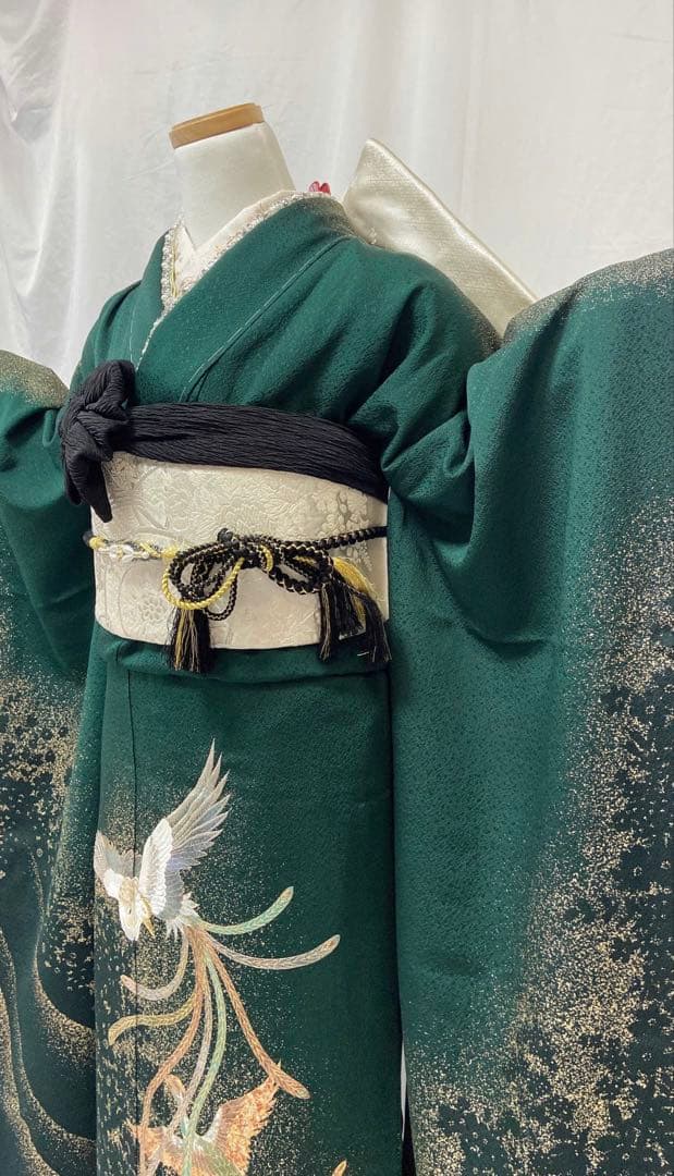 深緑色 振袖 鳥の刺繍 振袖6点セット　成人式　 振袖フルセット