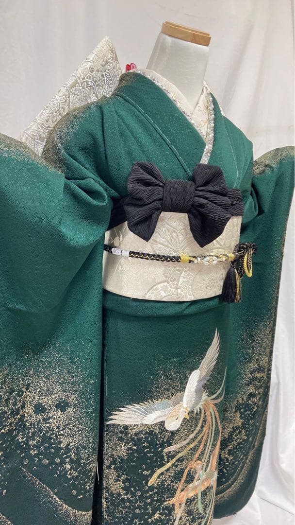 深緑色 振袖 鳥の刺繍 振袖6点セット　成人式　 振袖フルセット