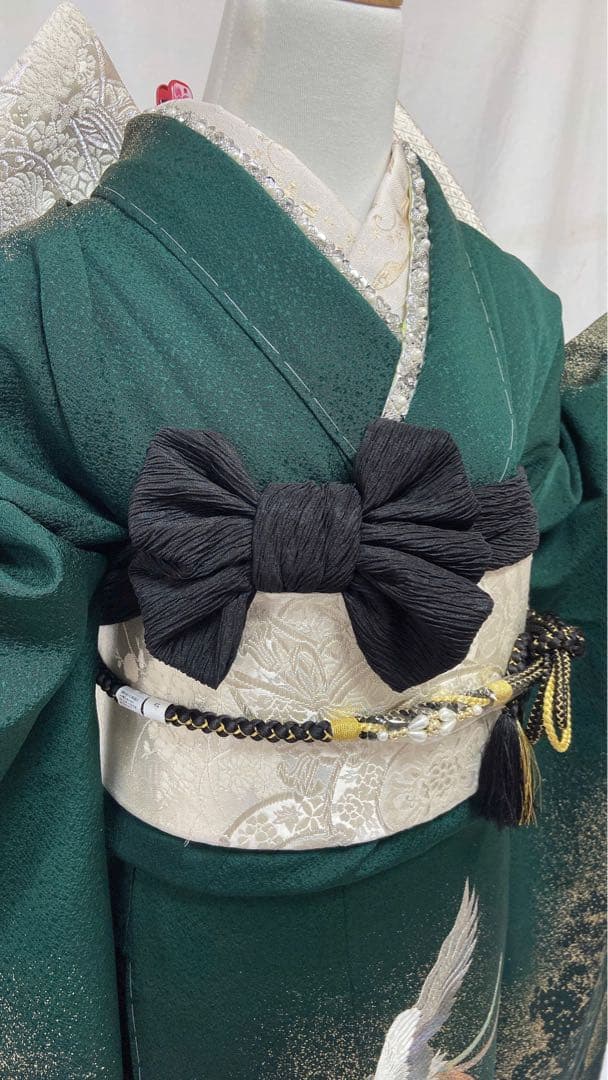 深緑色 振袖 鳥の刺繍 振袖6点セット　成人式　 振袖フルセット