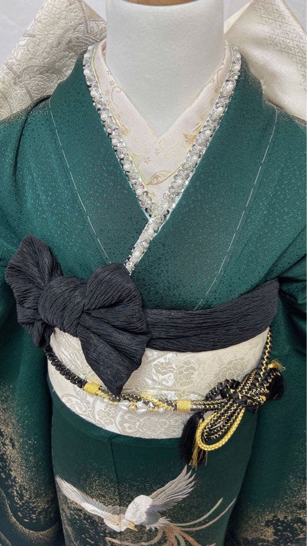 深緑色 振袖 鳥の刺繍 振袖6点セット　成人式　 振袖フルセット