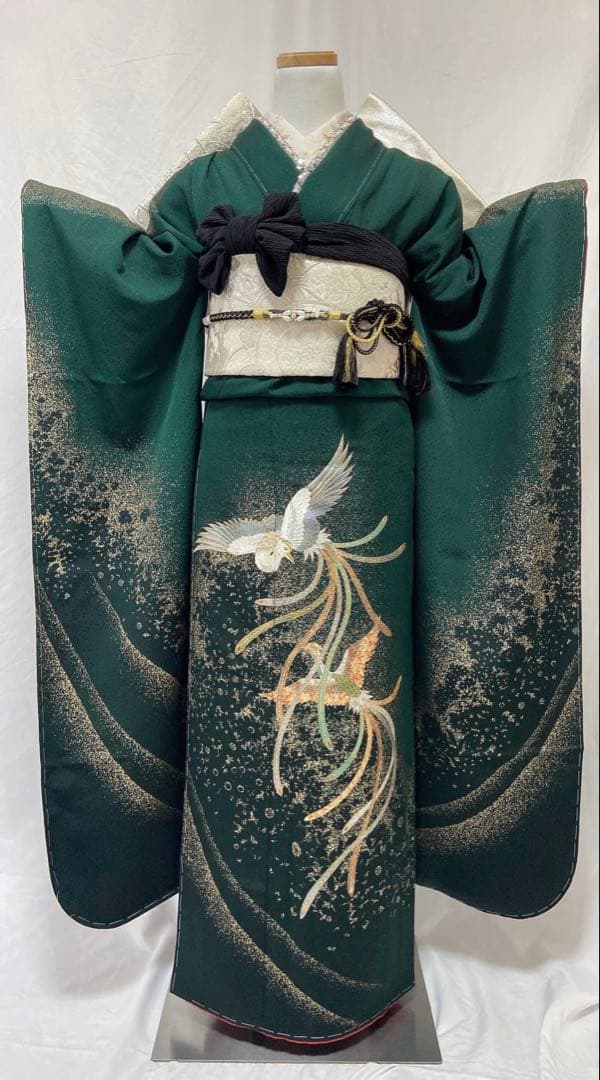 深緑色 振袖 鳥の刺繍 振袖6点セット　成人式　 振袖フルセット