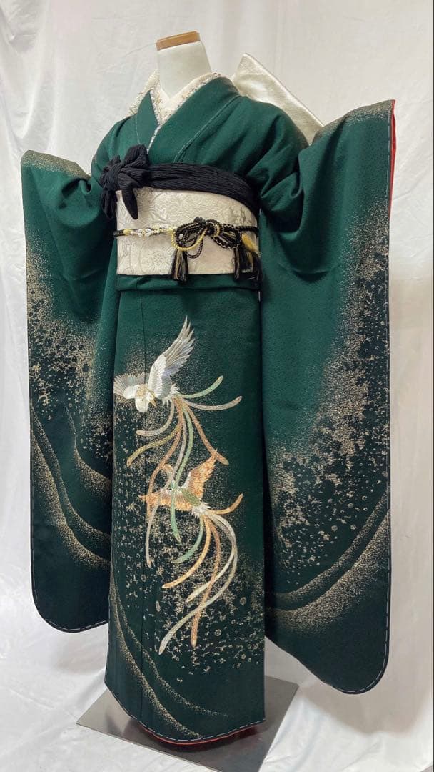深緑色 振袖 鳥の刺繍 振袖6点セット　成人式　 振袖フルセット