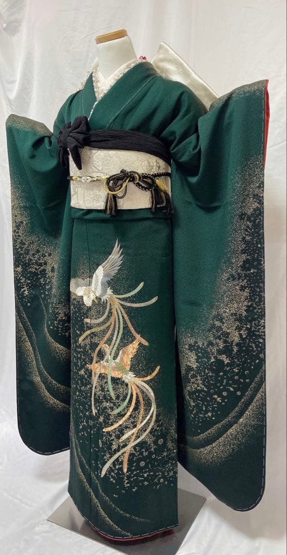 深緑色 振袖 鳥の刺繍 振袖6点セット　成人式　 振袖フルセット