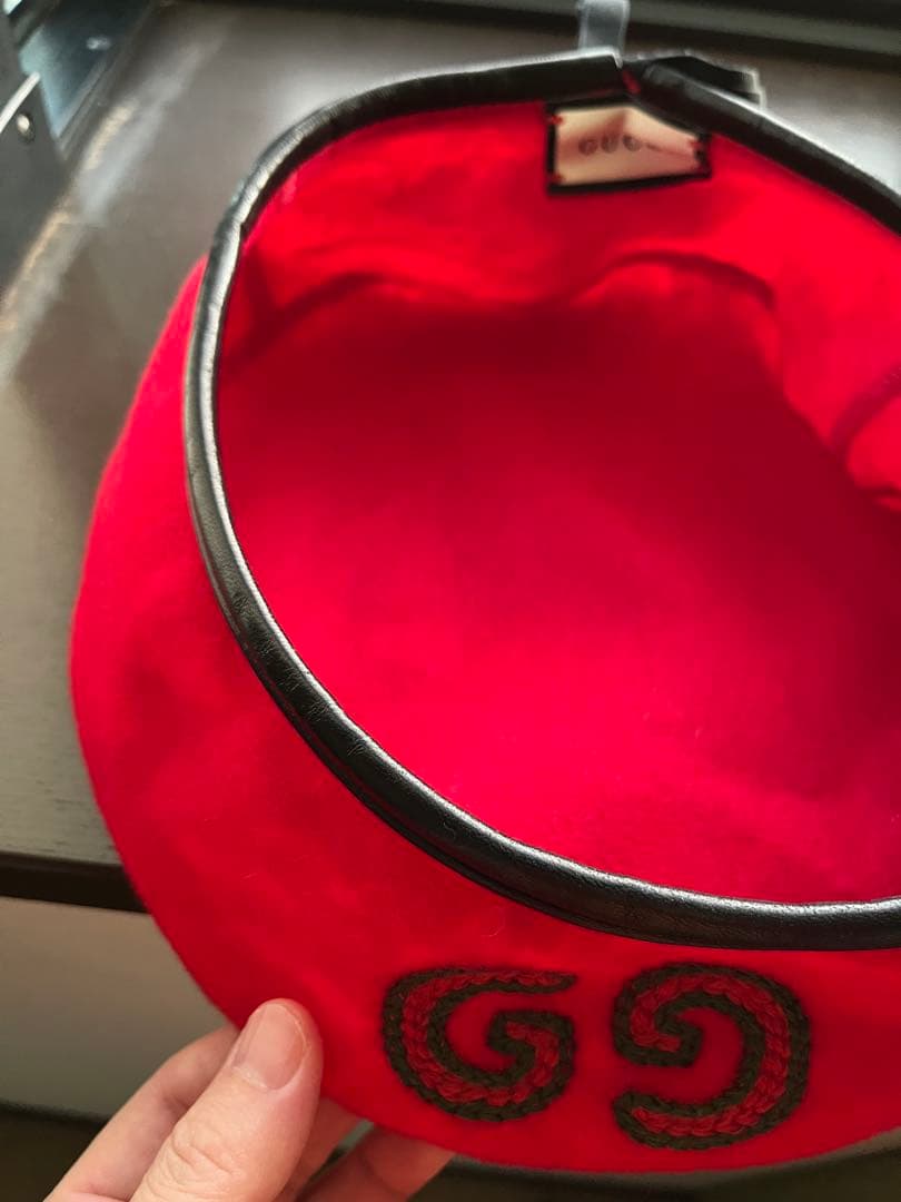 GUCCI gg刺繍　ベレー帽　レザーパイピング　インターロッキングチャーム S