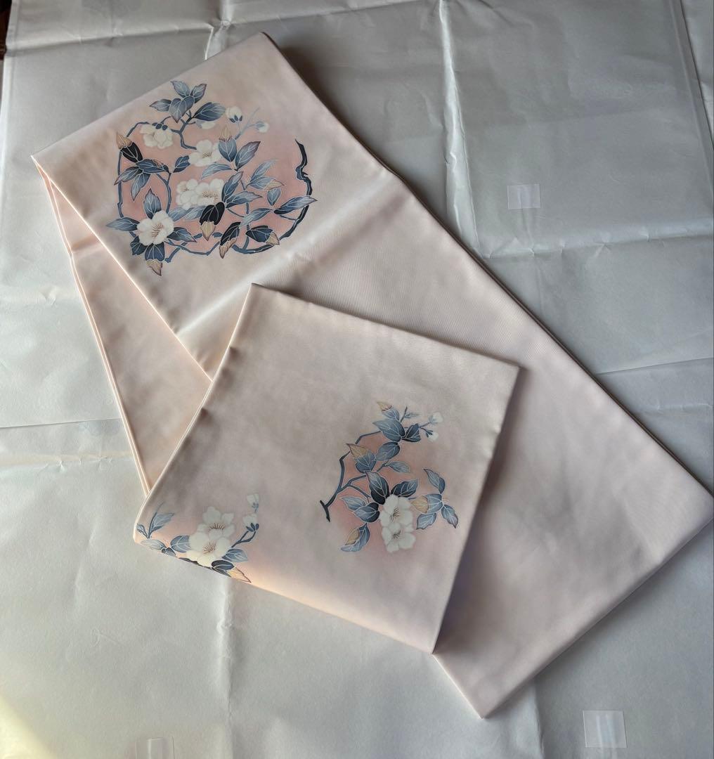 東レシルック　洗える九寸名古屋帯　塩瀬　薄いピンク 花模様