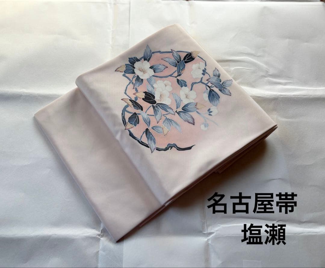 東レシルック　洗える九寸名古屋帯　塩瀬　薄いピンク 花模様