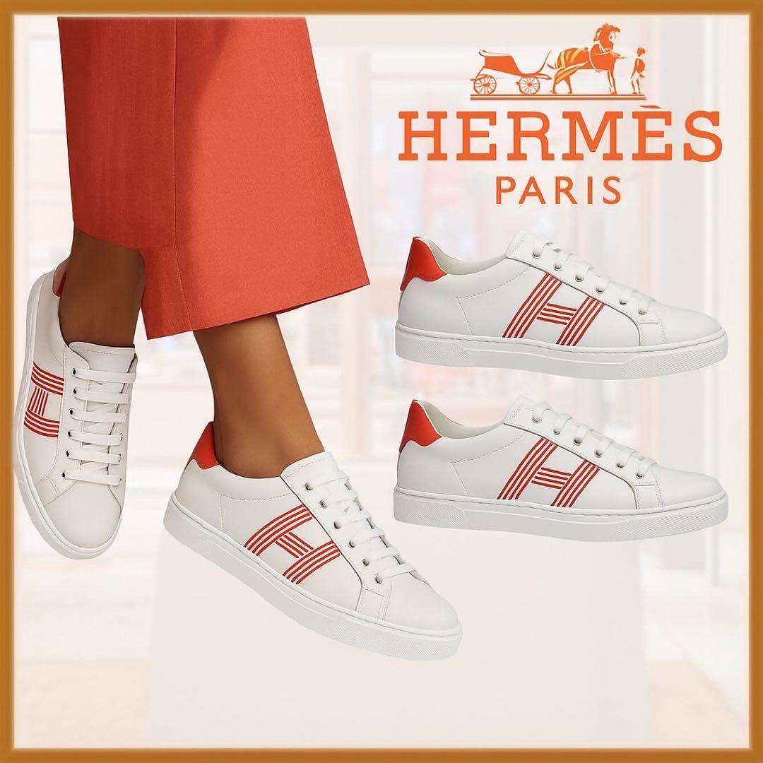 HERMES ホワイトオレンジ スニーカー