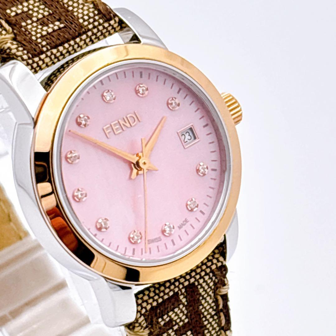 【未使用品・電池新品・完備】FENDI 2100L 11Pダイヤ ピンクシェル